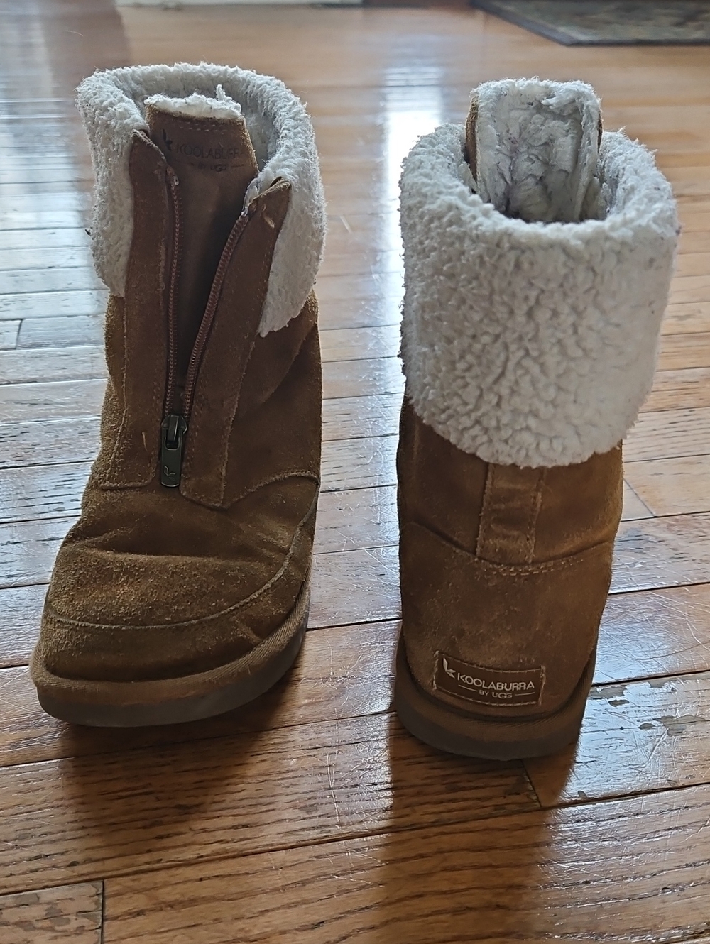 Koolaburra Tan Suede Shearling-Cuff Zip Winter Booties